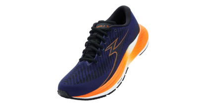 Blue and orange running shoe on a white background