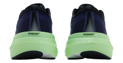 Pair of black and green running shoes with 'Engage' branding on a white background