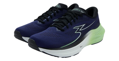 Pair of blue running shoes with a white sole on a white background