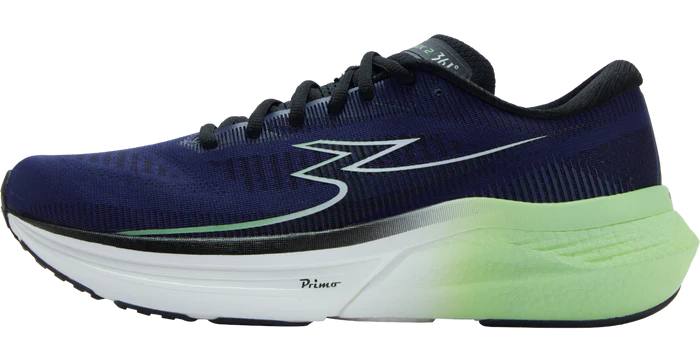 Blue running shoe with a white sole on a white background