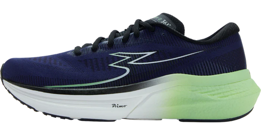 Blue running shoe with a white sole on a white background