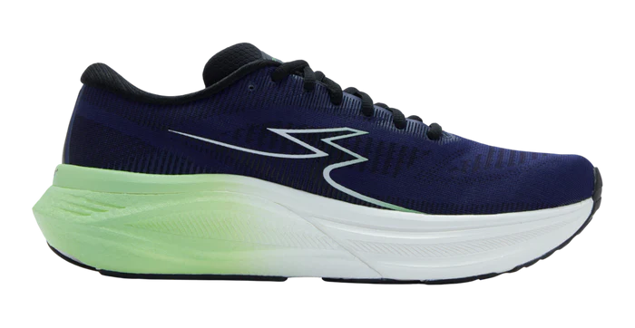Navy running shoe with a green sole on a white background