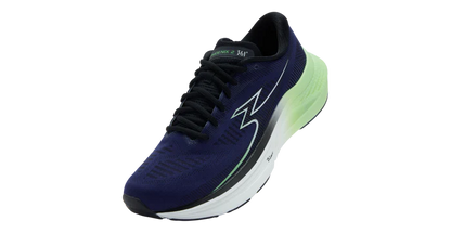 Navy running shoe with green sole on a white background