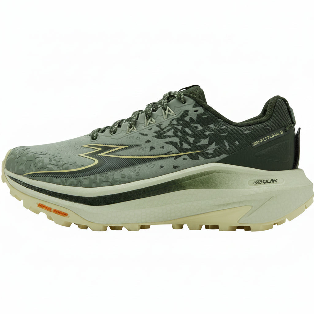 Green running shoe with camouflage pattern on a white background