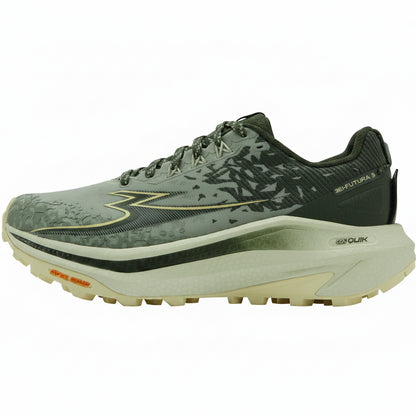Green running shoe with camouflage pattern on a white background