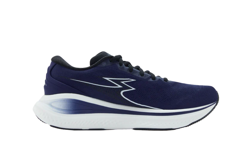 Navy running shoe with a white sole on a white background
