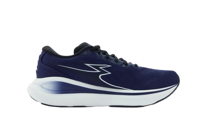 Navy running shoe with a white sole on a white background
