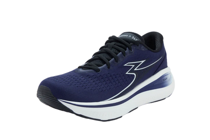 Navy running shoe with white sole on a white background