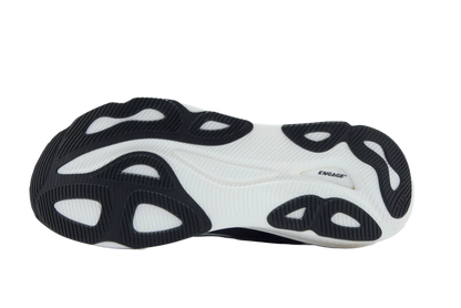 Black and white sneaker with unique sole design on a white background