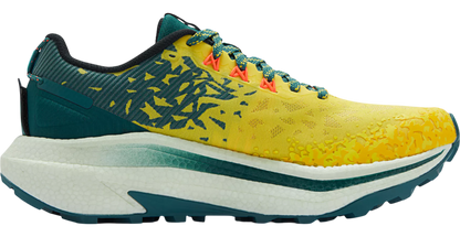 Yellow and green running shoe with white sole on a white background