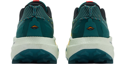 Pair of green and black athletic shoes shown from the back on a white background