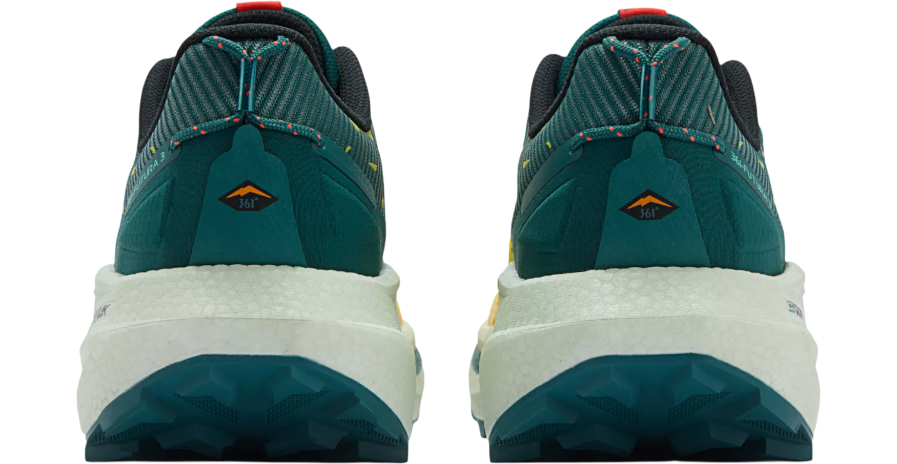 Pair of green and black athletic shoes shown from the back on a white background