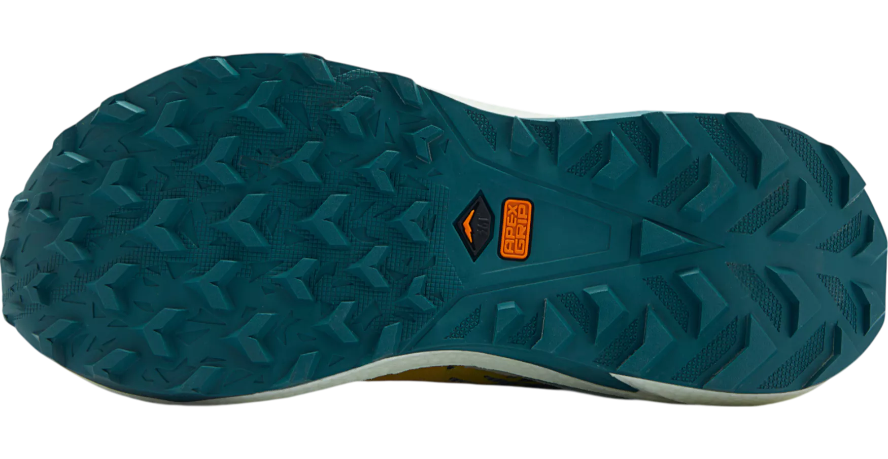 Teal shoe sole with textured pattern and brand logo on a white background