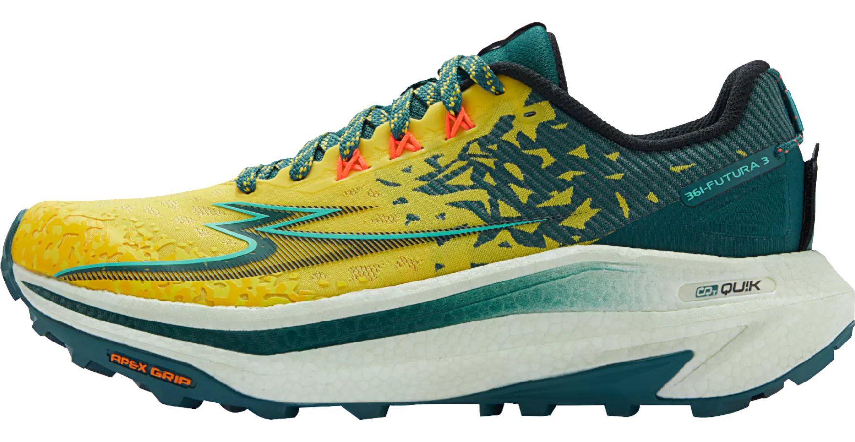 Yellow and blue running shoe with brand logo on a white background