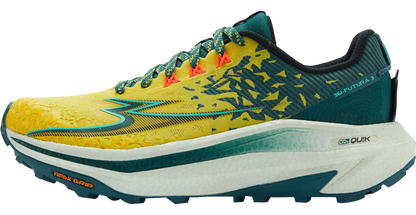 Yellow and blue running shoe with brand logo on a white background