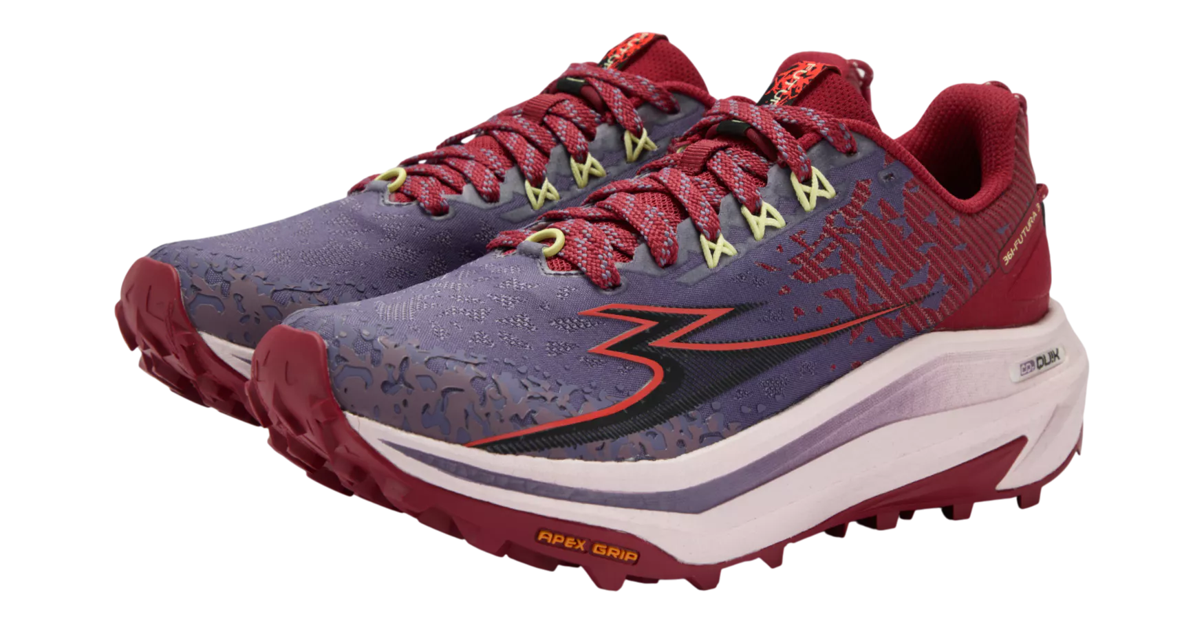 Pair of red and blue running shoes on a white background