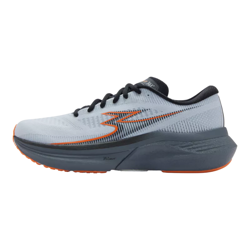Gray and black running shoe with orange accents on a white background