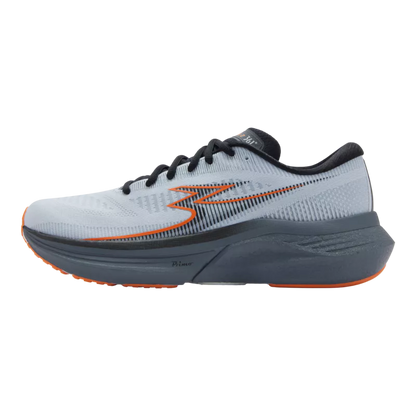Gray and black running shoe with orange accents on a white background