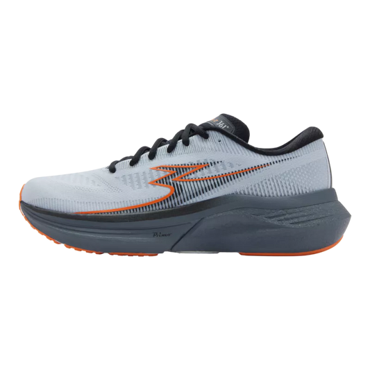 Gray and black running shoe with orange accents on a white background