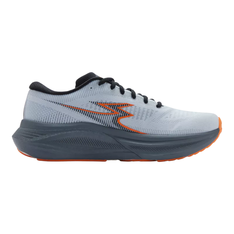 Gray running shoe with orange accents on a white background