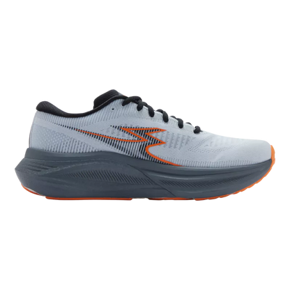 Gray running shoe with orange accents on a white background