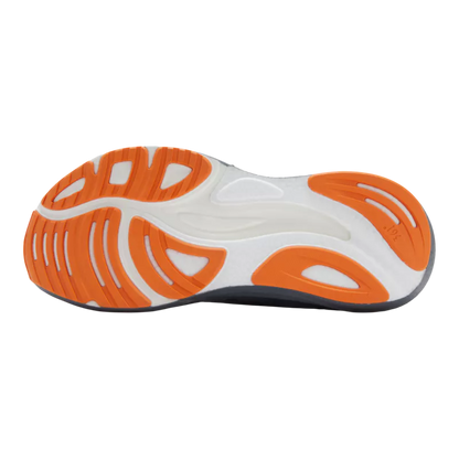Close-up of a shoe sole with orange and white design on a white background