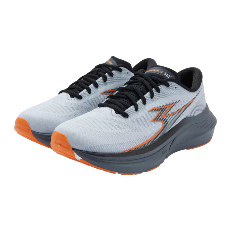 Pair of running shoes with gray, black, and orange design on a white background