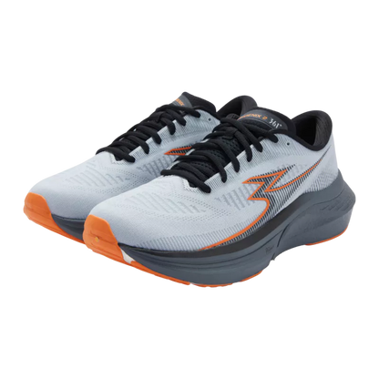 Pair of running shoes with gray, black, and orange design on a white background