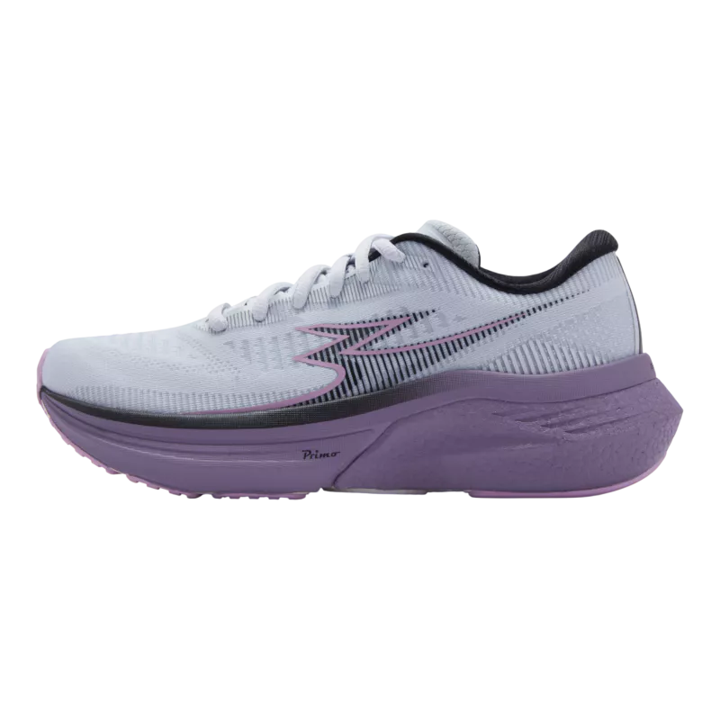 White running shoe with purple sole on a white background