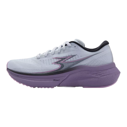 White running shoe with purple sole on a white background