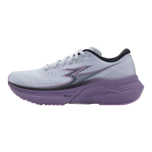 White running shoe with purple sole on a white background
