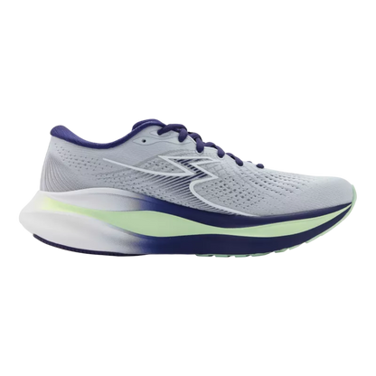 White running shoe with blue and green accents on a white background