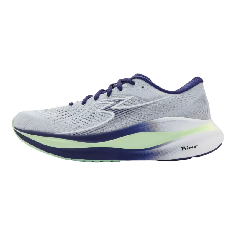 White running shoe with blue and green sole on a white background
