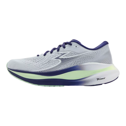 White running shoe with blue and green sole on a white background
