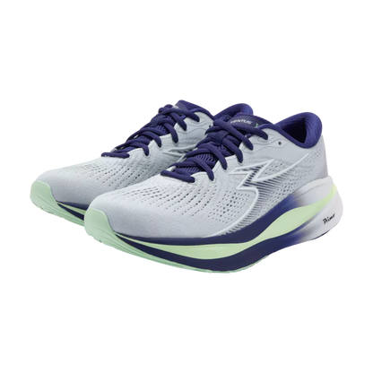 White running shoes with blue and green accents on a white background