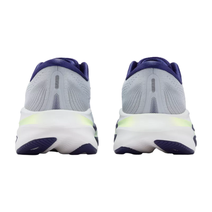 Pair of gray running shoes with purple and green accents on a white background