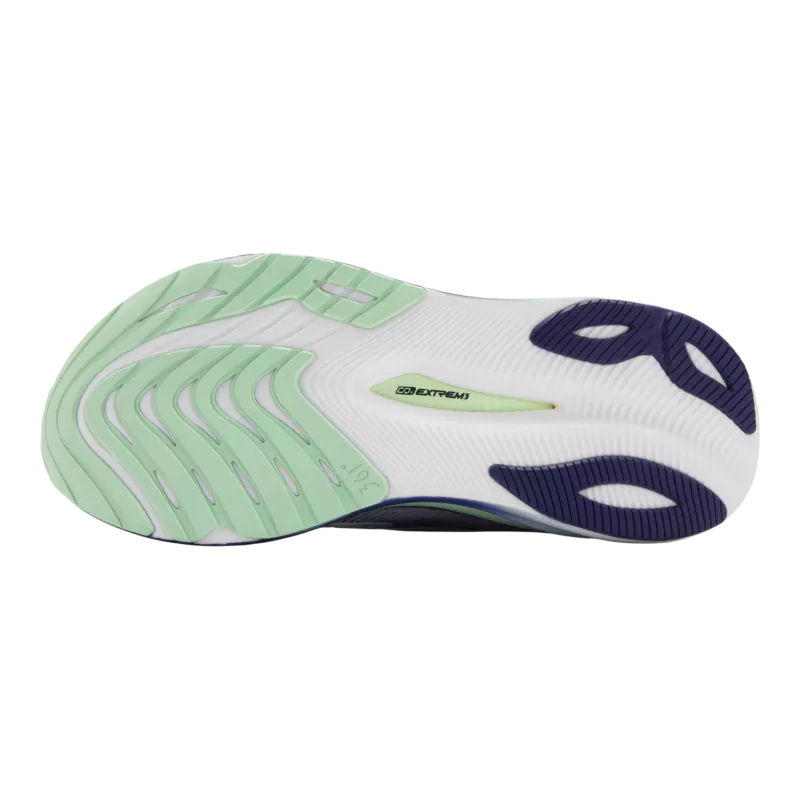 Shoe sole with green, white, and blue design on a white background