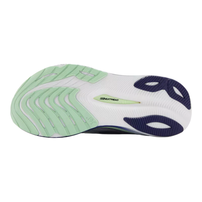 Shoe sole with green, white, and blue design on a white background