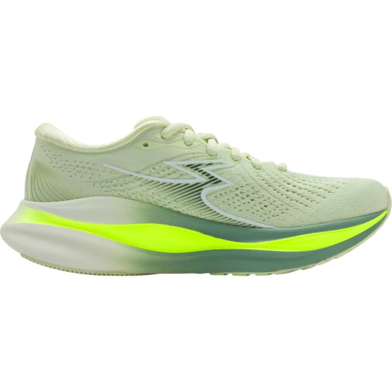 Light green running shoe with a bright yellow sole on a white background