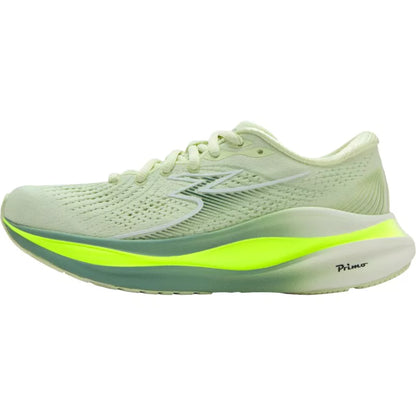 Light green running shoe with a bright yellow sole on a white background