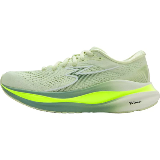 Light green running shoe with a bright yellow sole on a white background