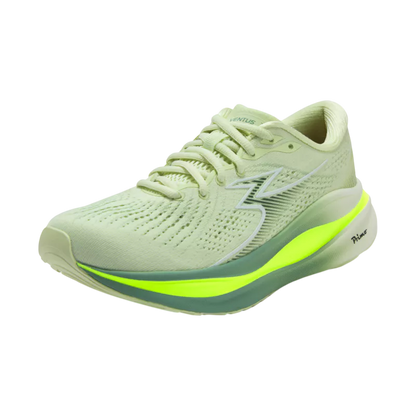 Light green running shoe with a bright green sole on a white background
