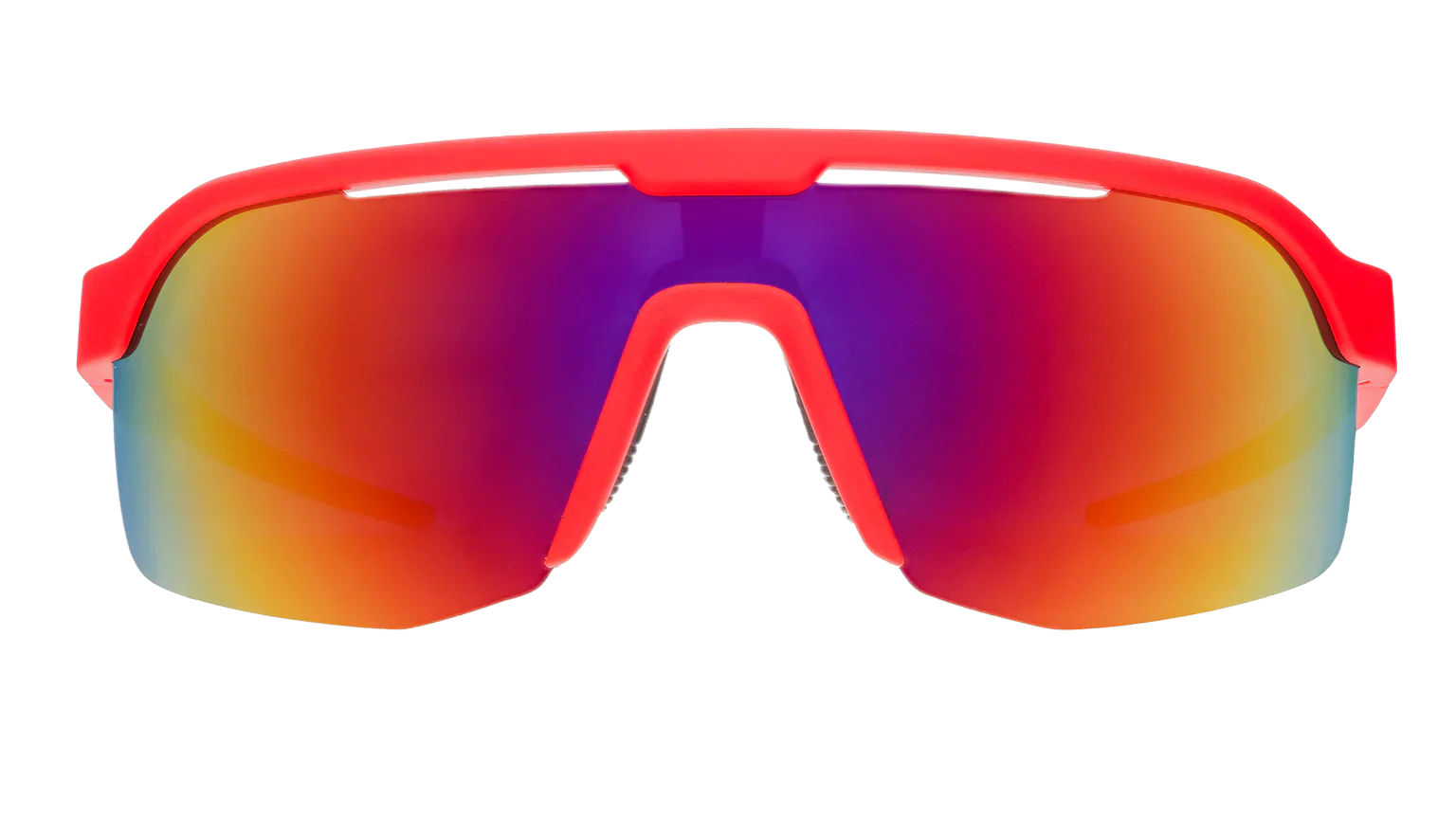 Goodr Bolt G: Dante’s Shin Splint Inferno Red sunglasses with colorful lenses on a white background