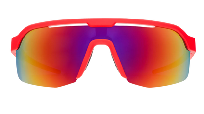 Goodr Bolt G: Dante’s Shin Splint Inferno Red sunglasses with colorful lenses on a white background