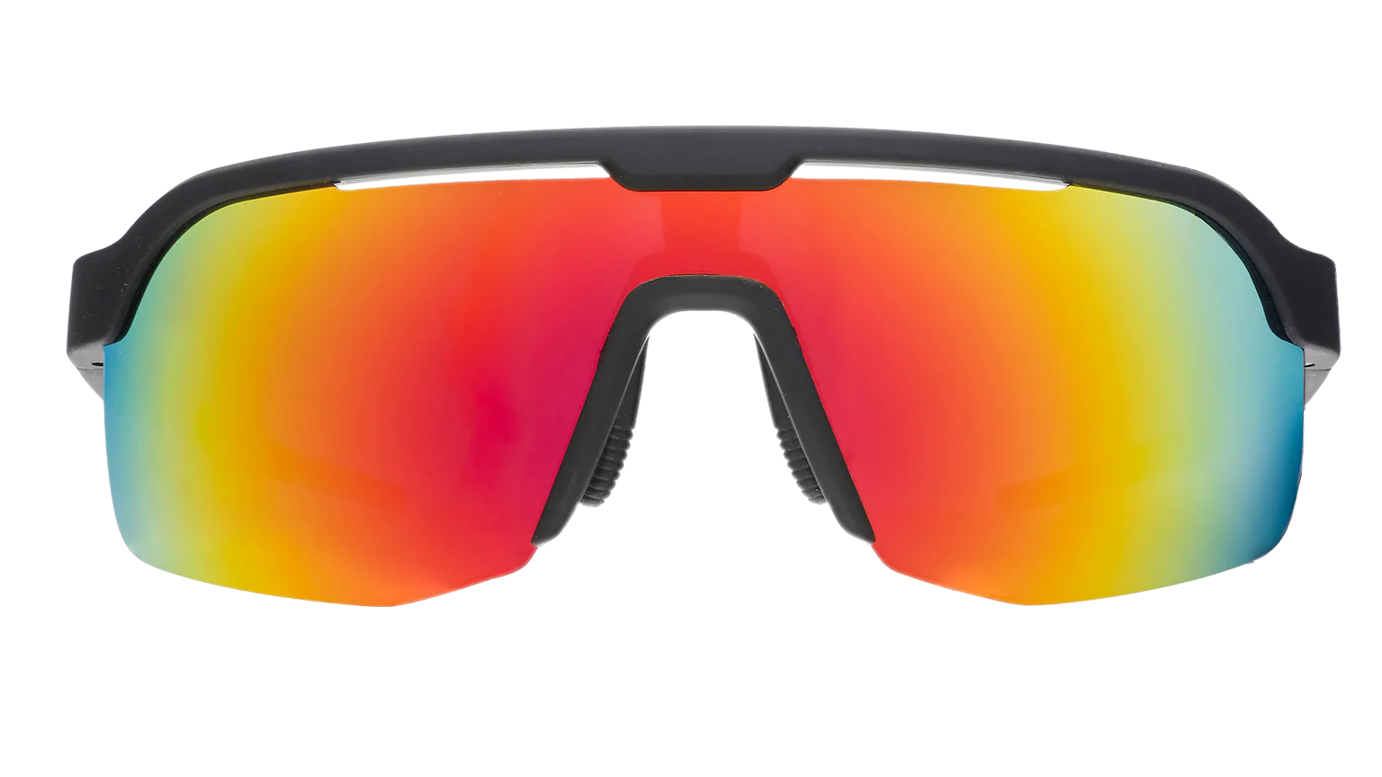 Goodr Bolt G: Do It For The Victory Dance Sunglasses with a colorful reflective lens on a white background
