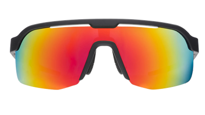 Goodr Bolt G: Do It For The Victory Dance Sunglasses with a colorful reflective lens on a white background