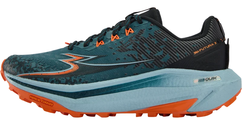 A 361 running shoe, specifically the Futura 3, shown in a side profile view against a white background. The shoe features a dark teal and black patterned upper, bright orange accents on the laces and outsole, and a light blue and white midsole.