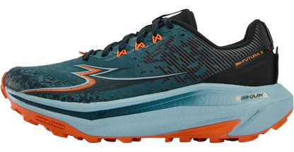 A 361 running shoe, specifically the Futura 3, shown in a side profile view against a white background. The shoe features a dark teal and black patterned upper, bright orange accents on the laces and outsole, and a light blue and white midsole.