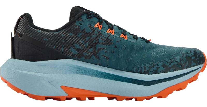 A trail running shoe with a dark teal and black patterned upper, bright orange laces and outsole accents, and a thick light blue midsole, shown against a plain white background.