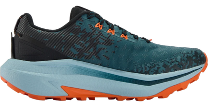 A trail running shoe with a dark teal and black patterned upper, bright orange laces and outsole accents, and a thick light blue midsole, shown against a plain white background.